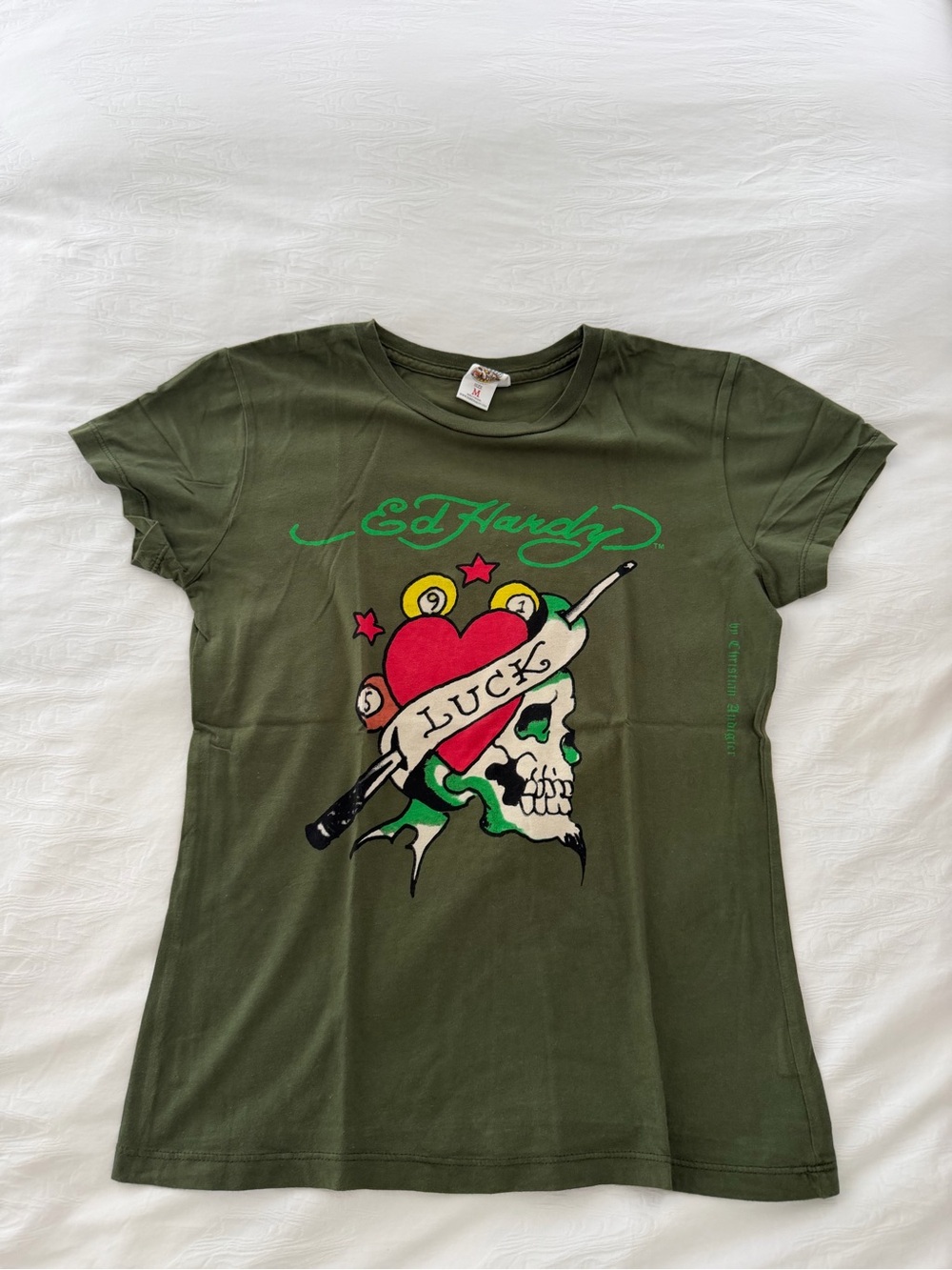 Ed Hardy ‘s woman Olive Green 'Luck' Graphic Tee